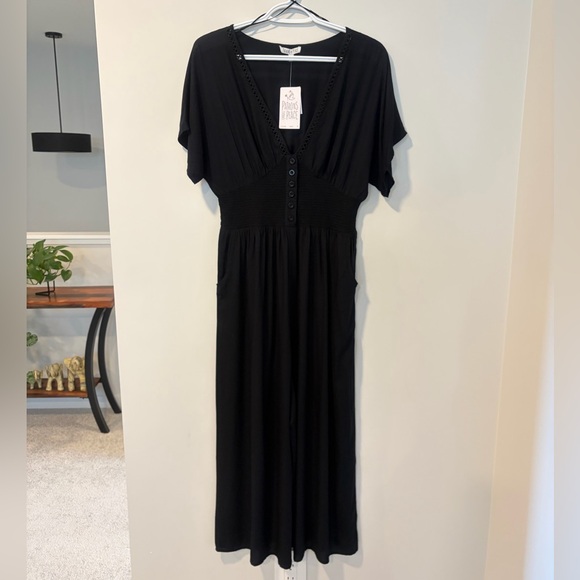 Patrons of Peace Pants - Patrons of Peace Black Wide Leg Jumpsuit with Smocked Waist & Pockets NWT!